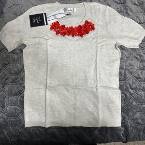 CAbi Cream Sweater with Red Floral Accent